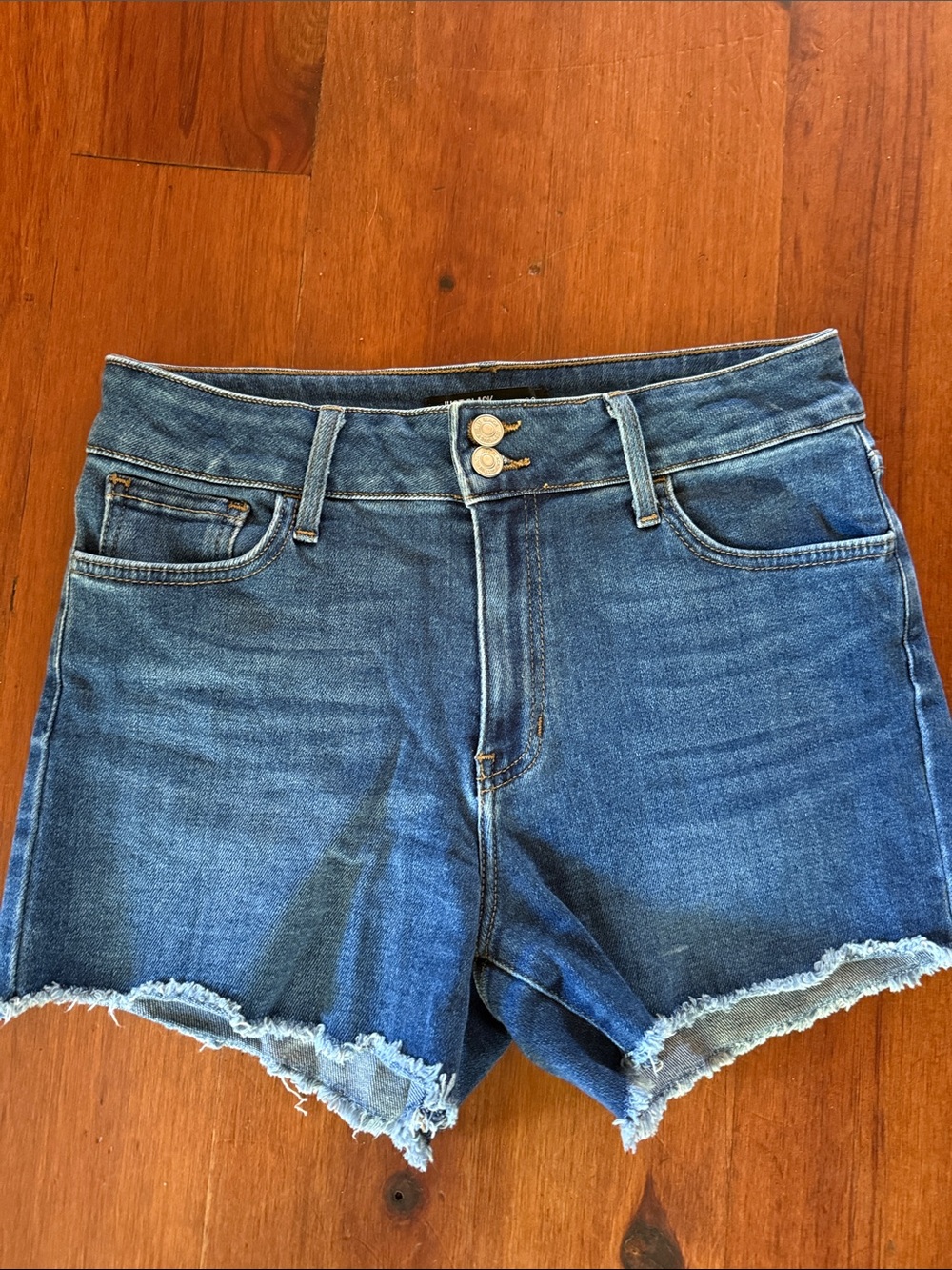 Just Black Blue High-Rise Double Button Frayed Denim Shorts